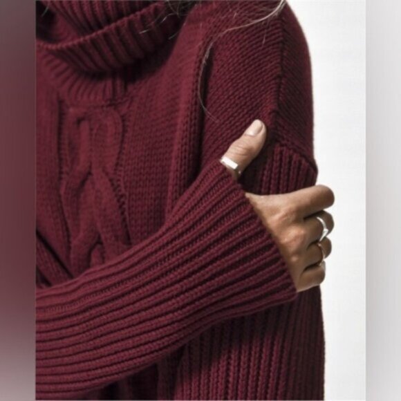 FREE PEOPLE OTS Womens Turtleneck Sweater Chunky Cable Knit Long sleeve Burgundy - Picture 9 of 16
